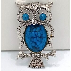 Vintage signed Gerrys Owl Brooch Blue Faux Turquoise Silver Tone Pin Retro pin